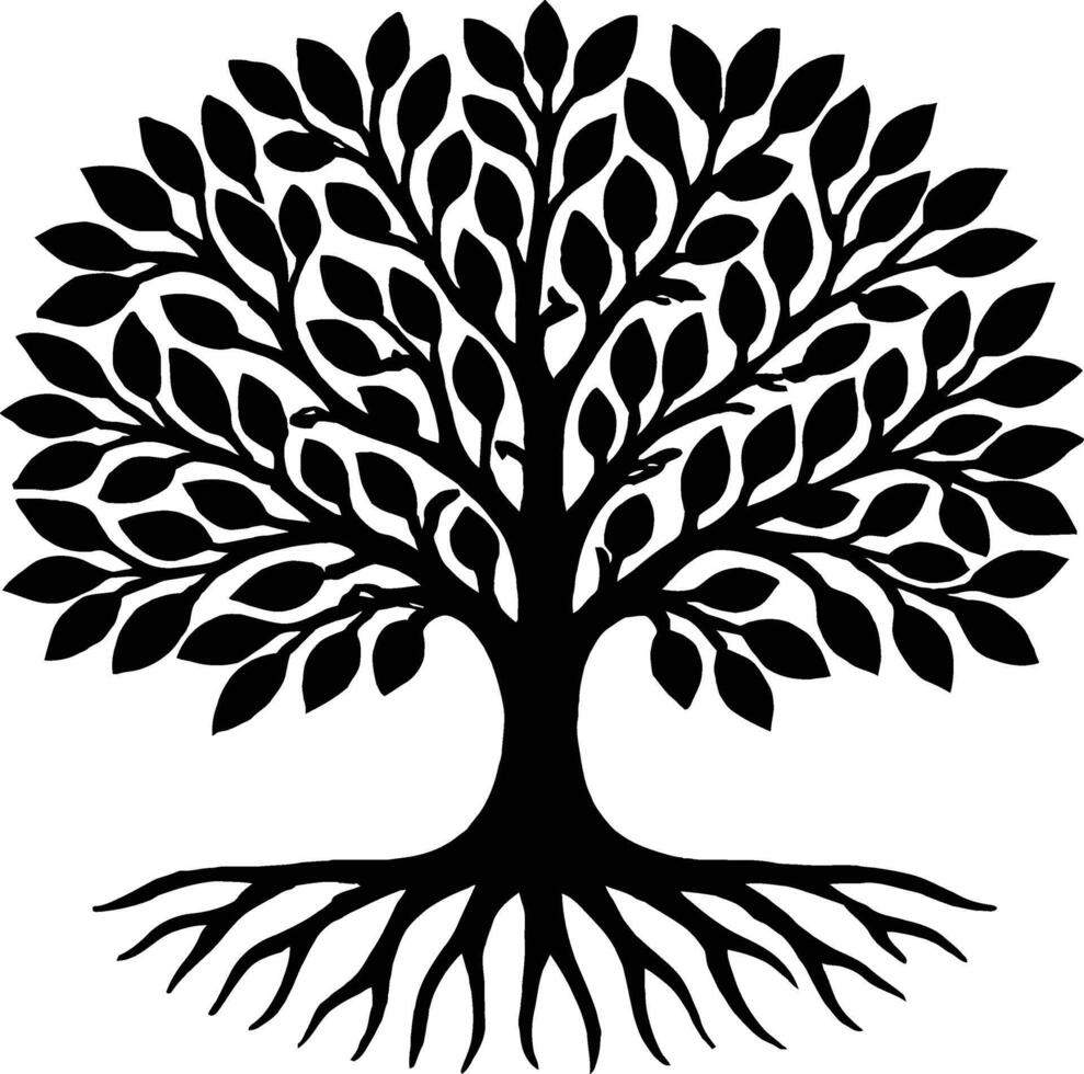 A majestic black silhouette of a tree with sprawling roots and lush foliage, symbolizing growth and strength. vector