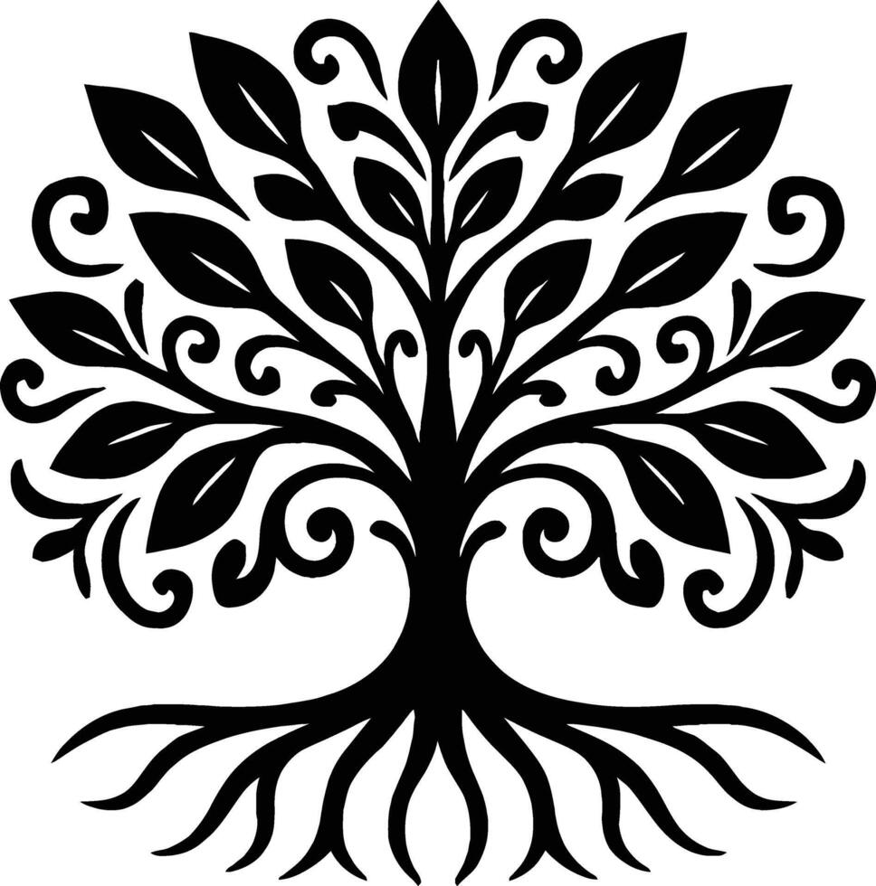 Ornate Black and White Tree of Life with Intricate Roots and Branches vector