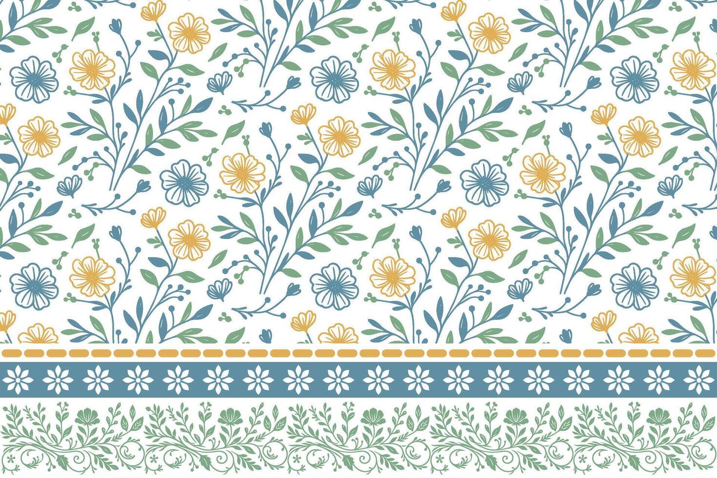 embroidery style line floral pattern. sketch flowers and leaves in one line. botanical repeat design. trendy textile for fashion and home use vector