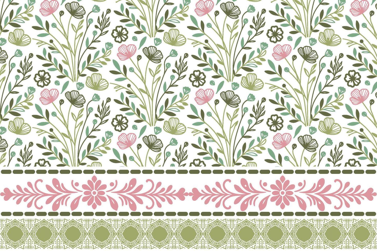 modern floral sketch motif. embroidery style border pattern. one line botanical repeat design. textile concept for fashion and bedding vector