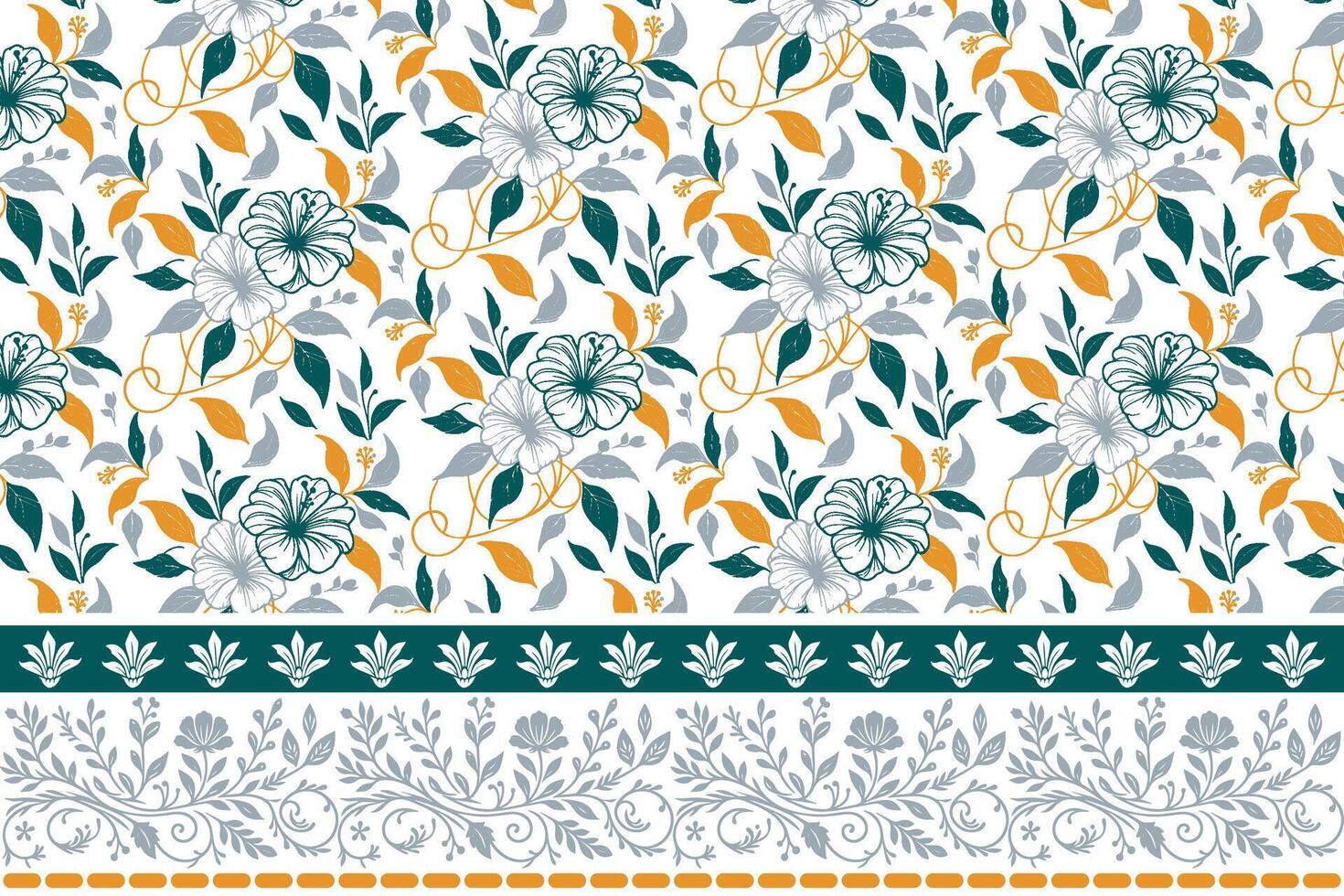 outline flower and leaf motif. one line embroidery border pattern. botanical repeat sketch design. ideal for fashion and household textiles vector