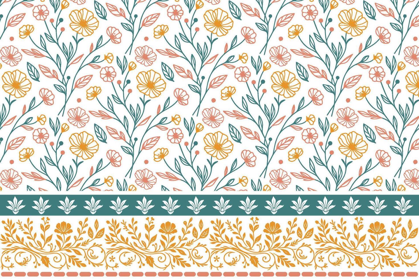 elegant botanical embroidery. outline flowers and leaves in line art. one line border pattern in repeat. textile surface for interior and wear vector