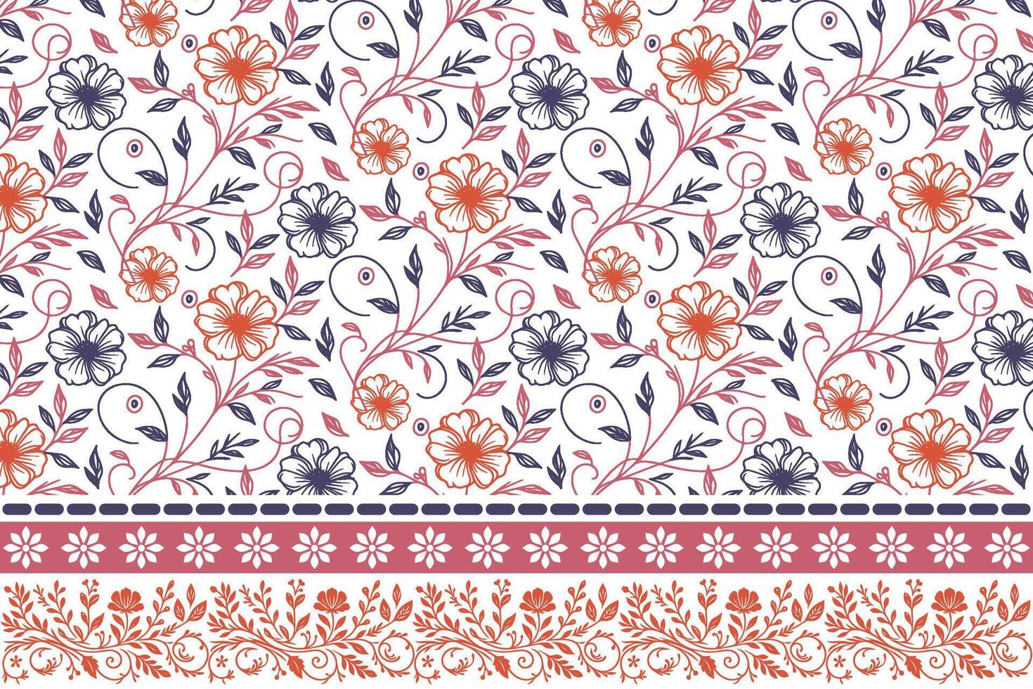 modern embroidery floral sketch. one line art with flowers and border. trendy textile pattern repeat. suitable for bedding and home fashion vector