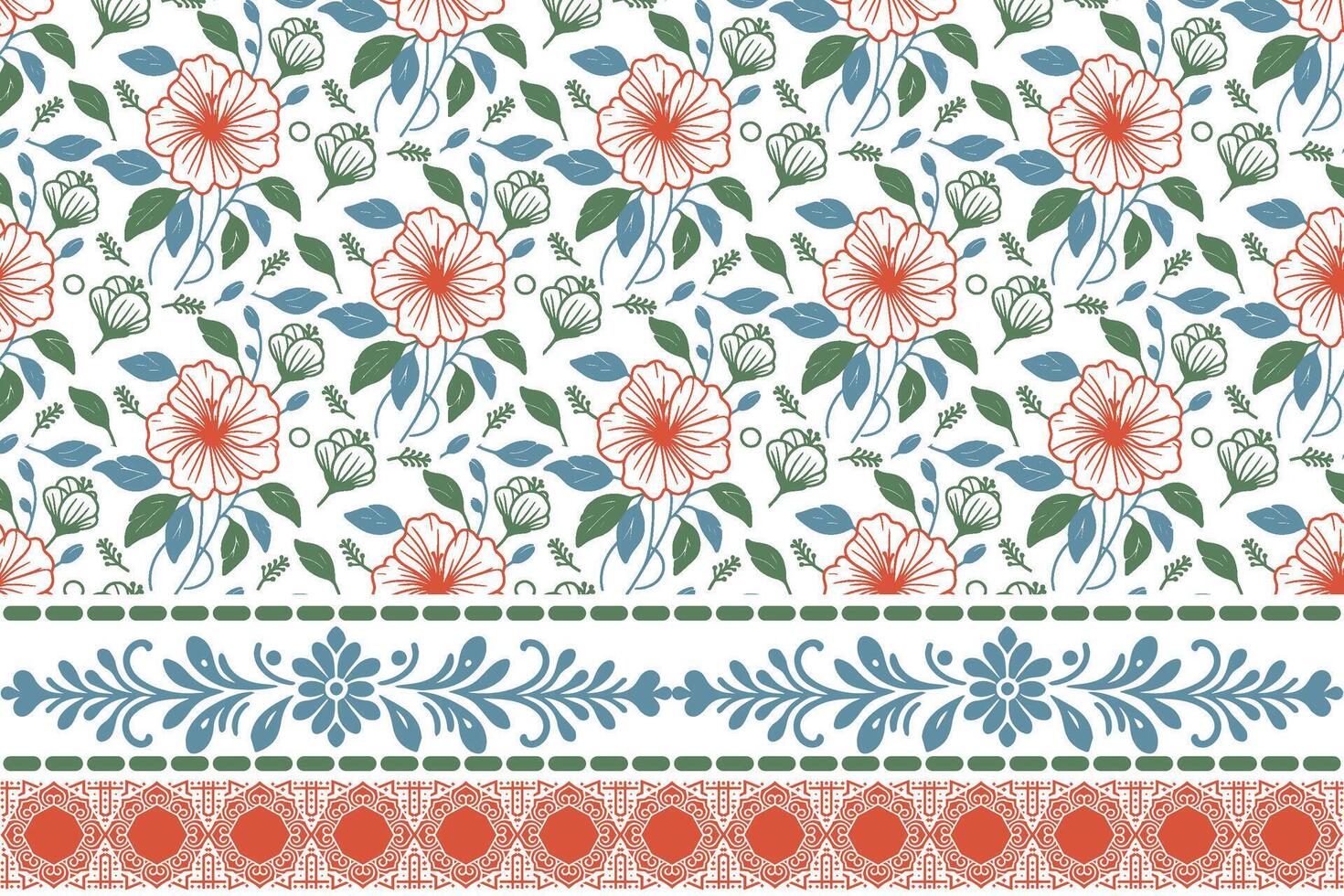 hand drawn botanical embroidery. outline floral sketch with border. one line flower repeat pattern. textile surface for fashion and accessories vector