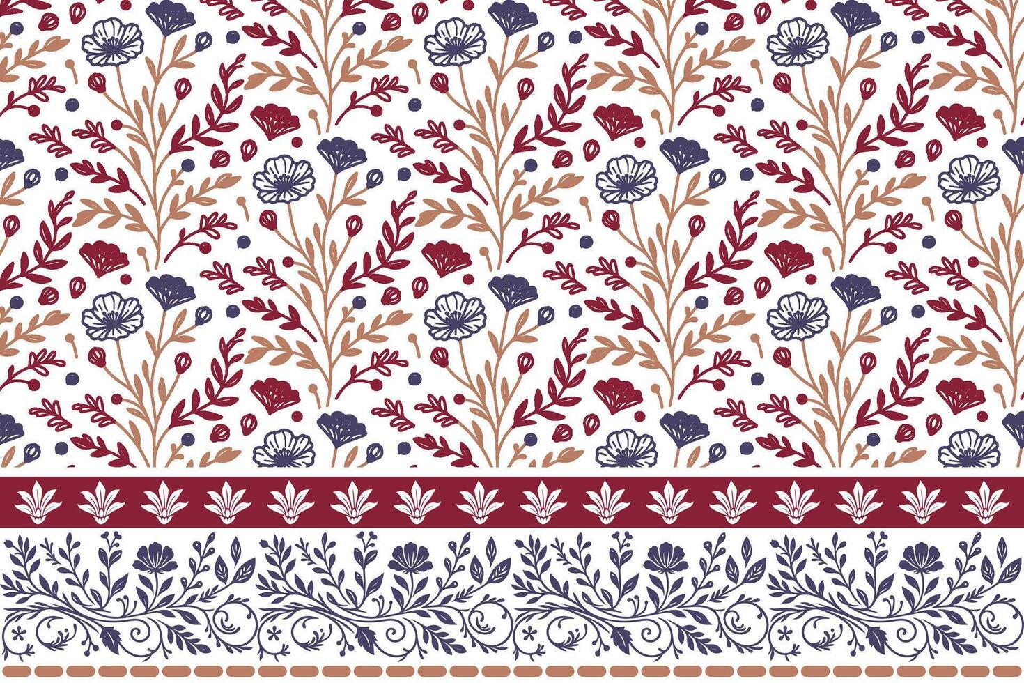 modern one line flower sketch. clean border embroidery motif. botanical repeat pattern for fabric. home textile and fashion use vector