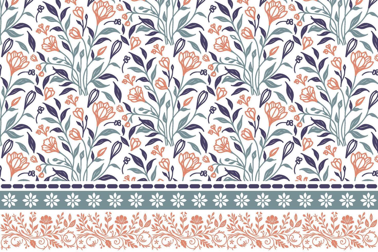 modern floral pattern sketch. one line flowers with stems and leaves. embroidery style border. textile concept for fashion and interior fabric vector
