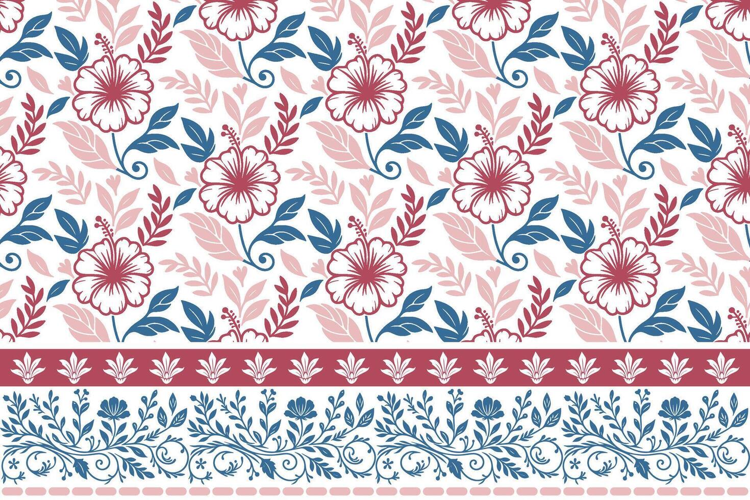 outline flower and leaf motif. one line embroidery border pattern. minimal botanical sketch art. repeat design for home and fashion textiles vector