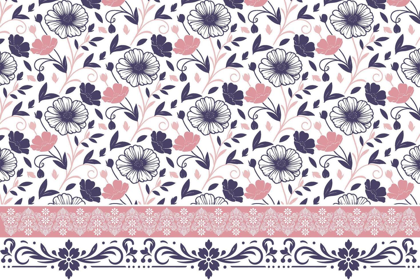 floral line art with embroidery border. delicate one line flower sketch. minimal modern botanical print. perfect for bedsheet and home textile design vector