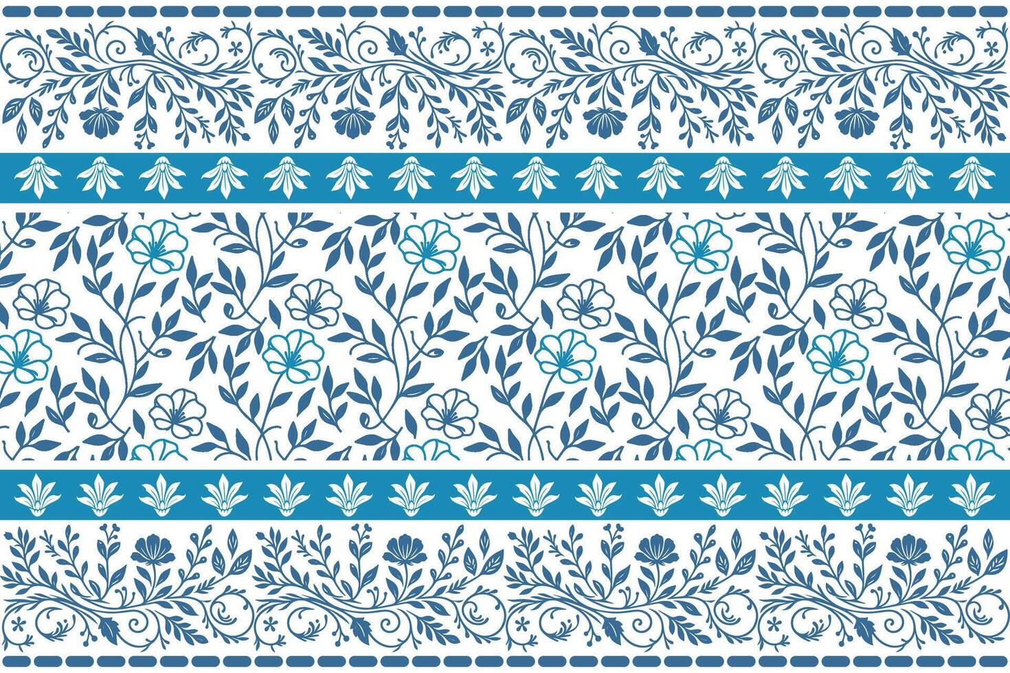 abstract petal and leaf design in continuous blue line art with structured border accenting for fashion textiles vector