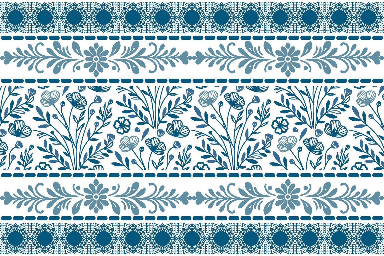 blue floral sketch design with detailed petal and stem linework enclosed in ornamental border patterns vector