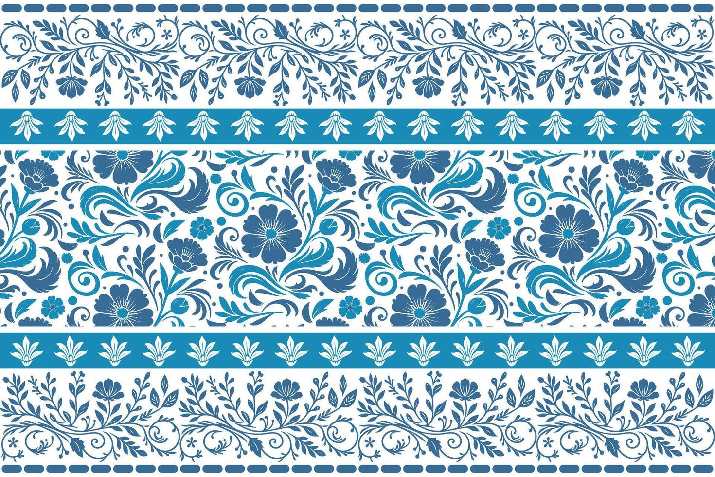 modern textile floral pattern in soft blue lines with outlined flowers and refined embroidery border details vector