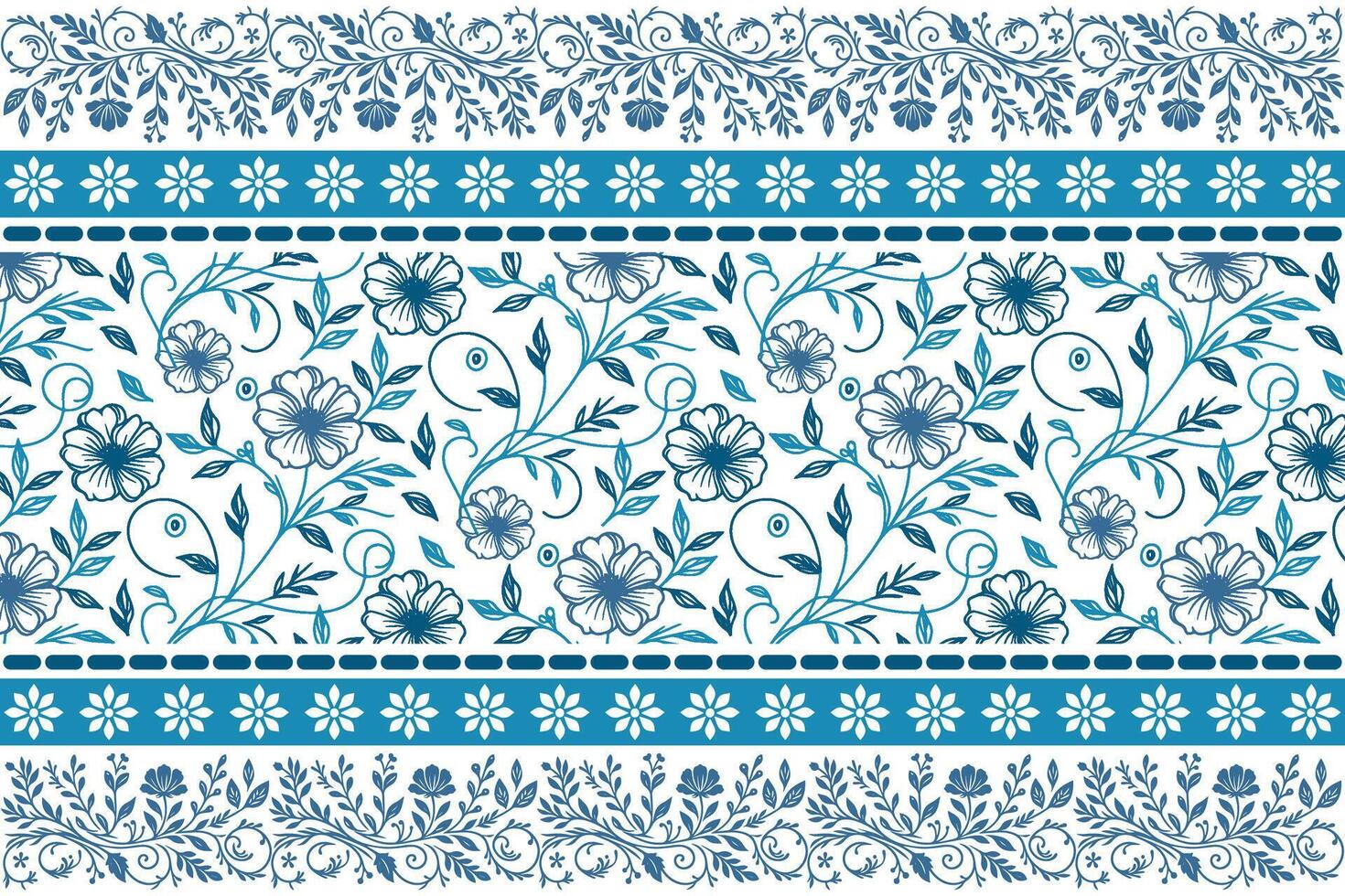 botanical line art design in blue with simple petal strokes framed by ornamental embroidered style borders vector