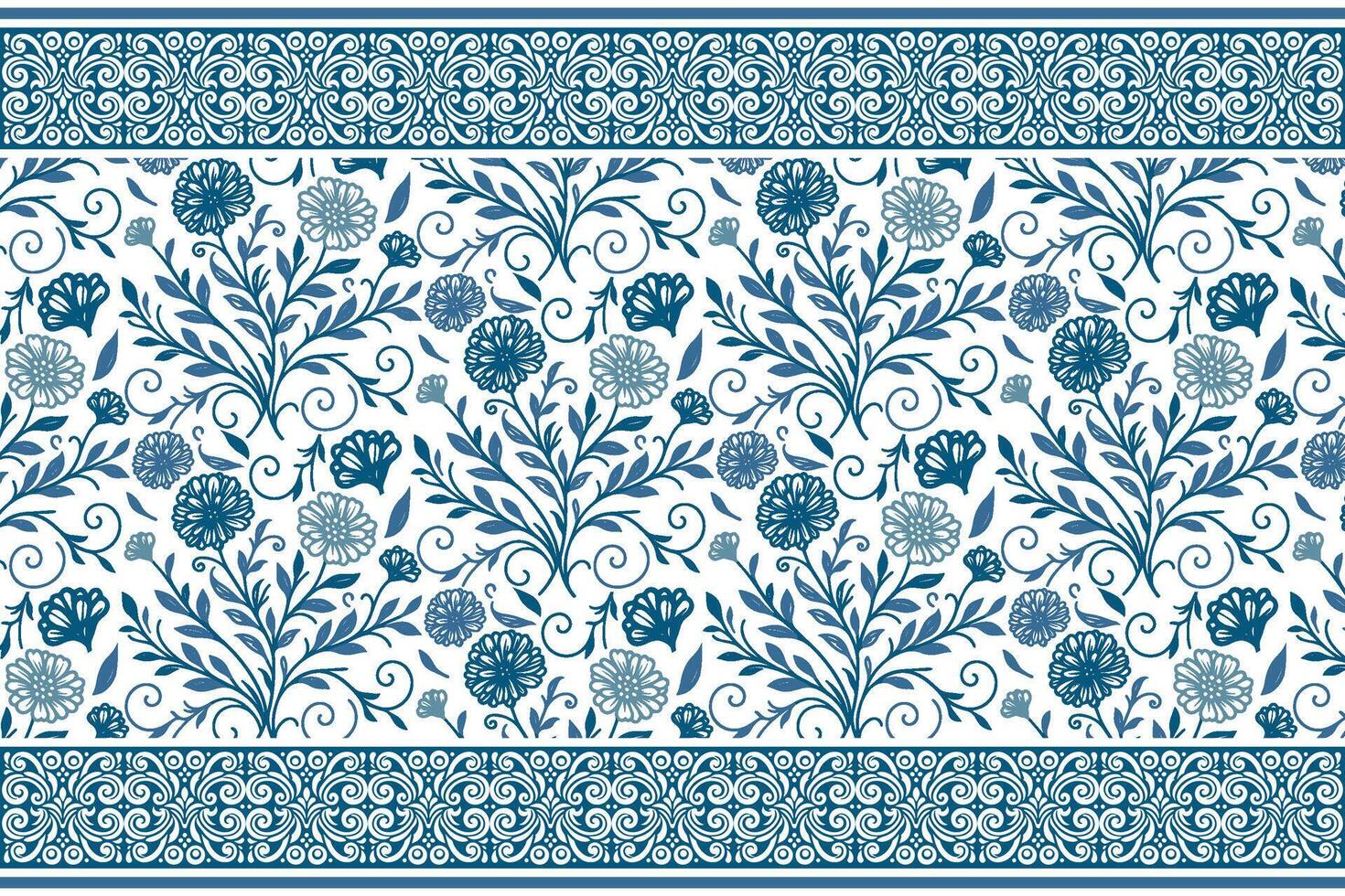 clean floral pattern in blue line featuring minimal petals and detailed borders for home and kitchen fabric use vector