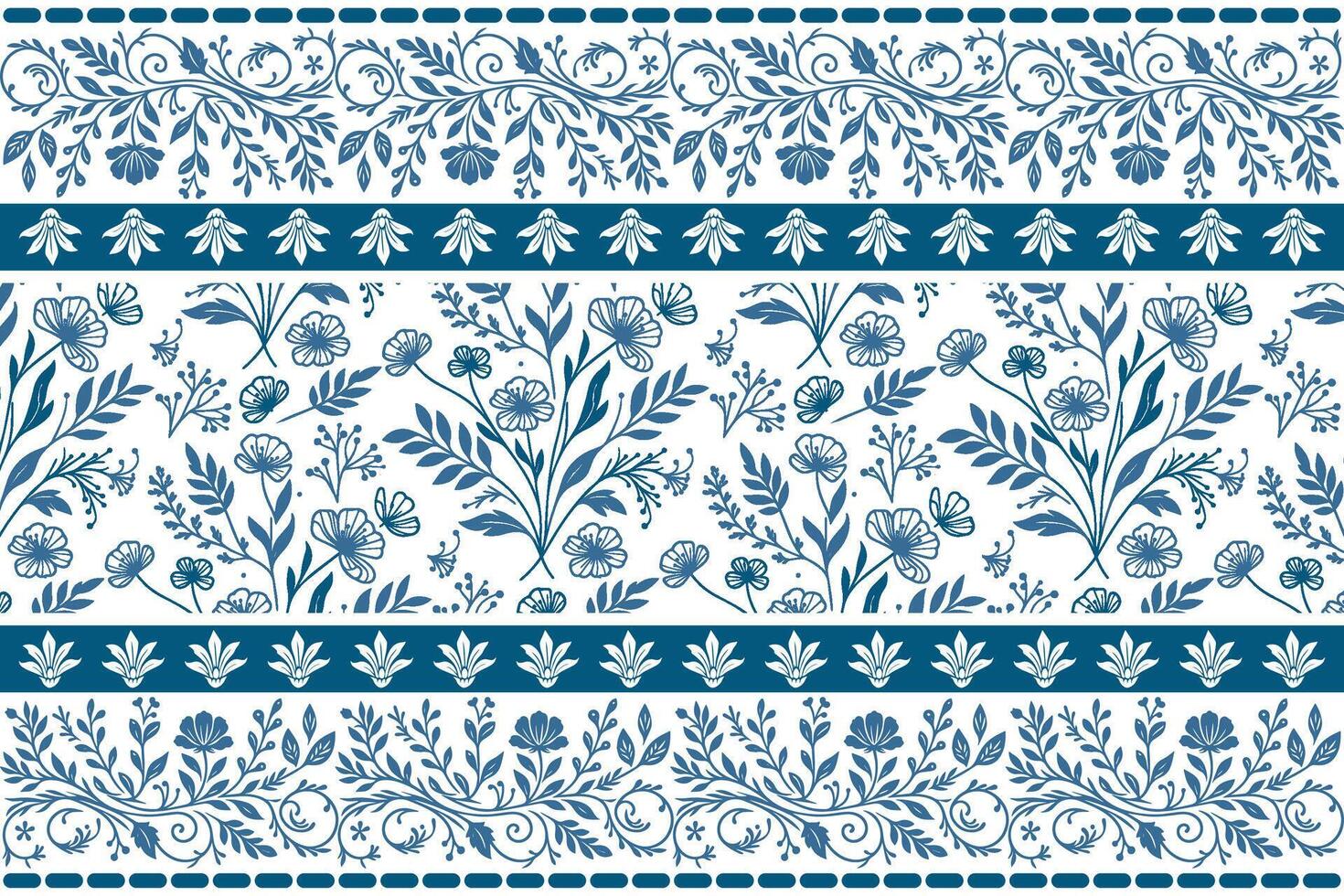 delicate line art floral pattern in blue with leaf illustrations framed by a fine stitched border on white background vector