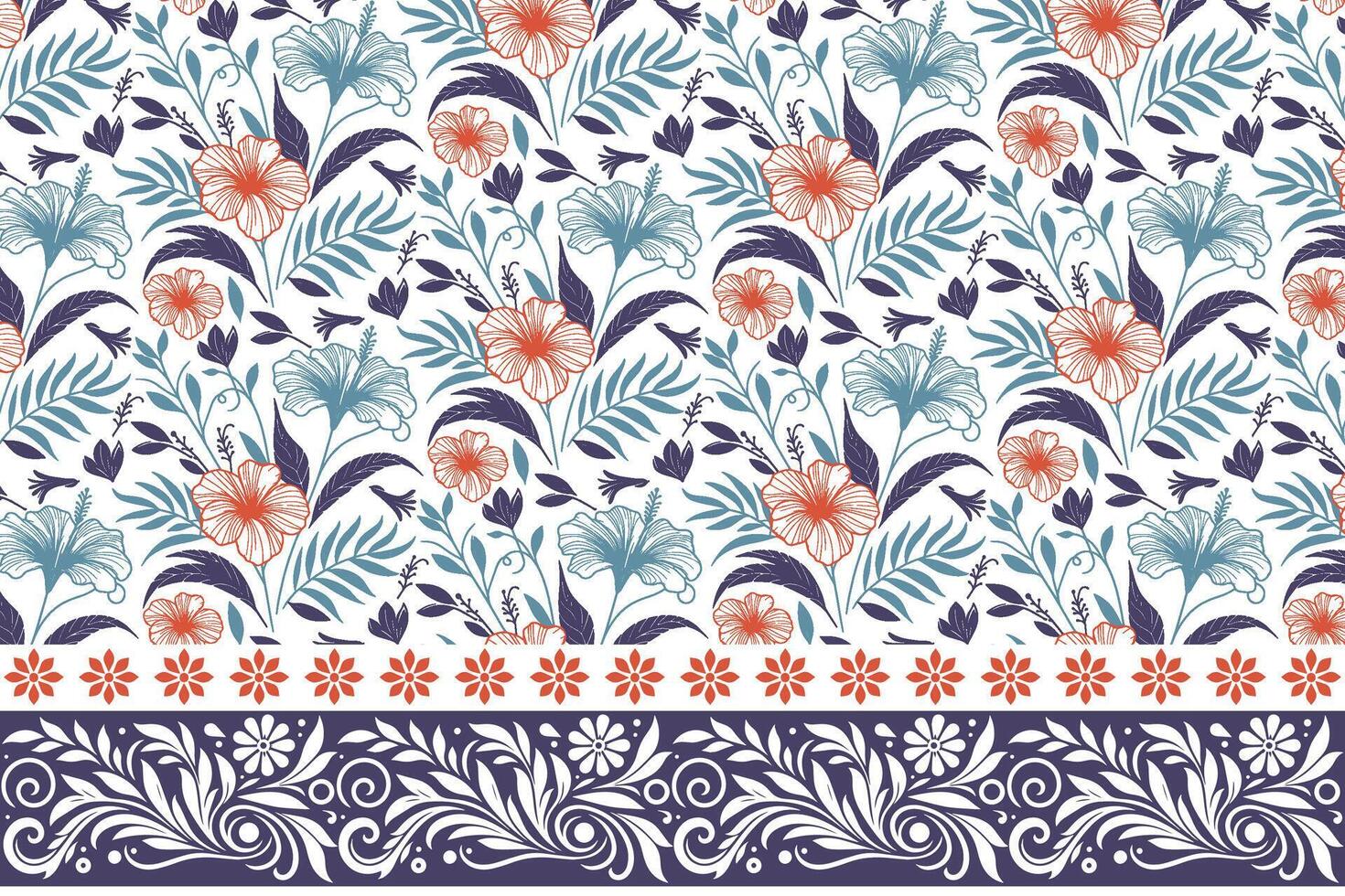 one line floral sketch pattern. border embroidery with flowers and leaves. minimal outline botanical design. modern textile for fashion and home vector