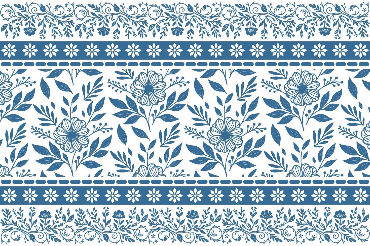 floral sketch illustration in blue featuring fine line petals and border artwork suited for textile applications vector
