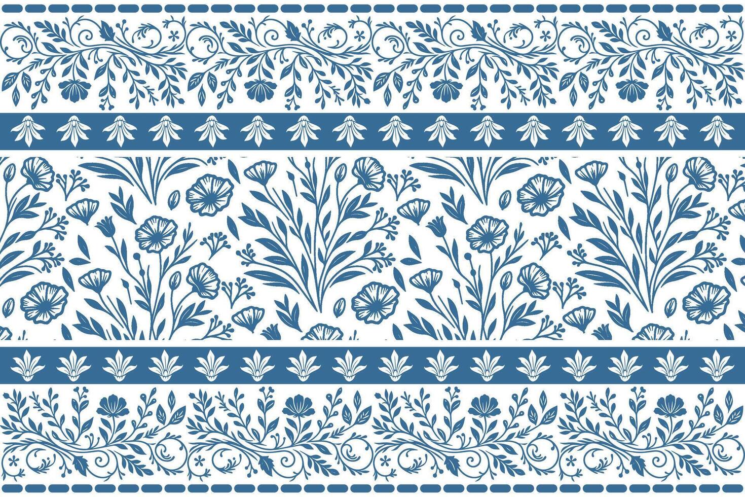 modern botanical pattern with abstract blue flowers and clean border layout for kitchen accessories and wearables vector