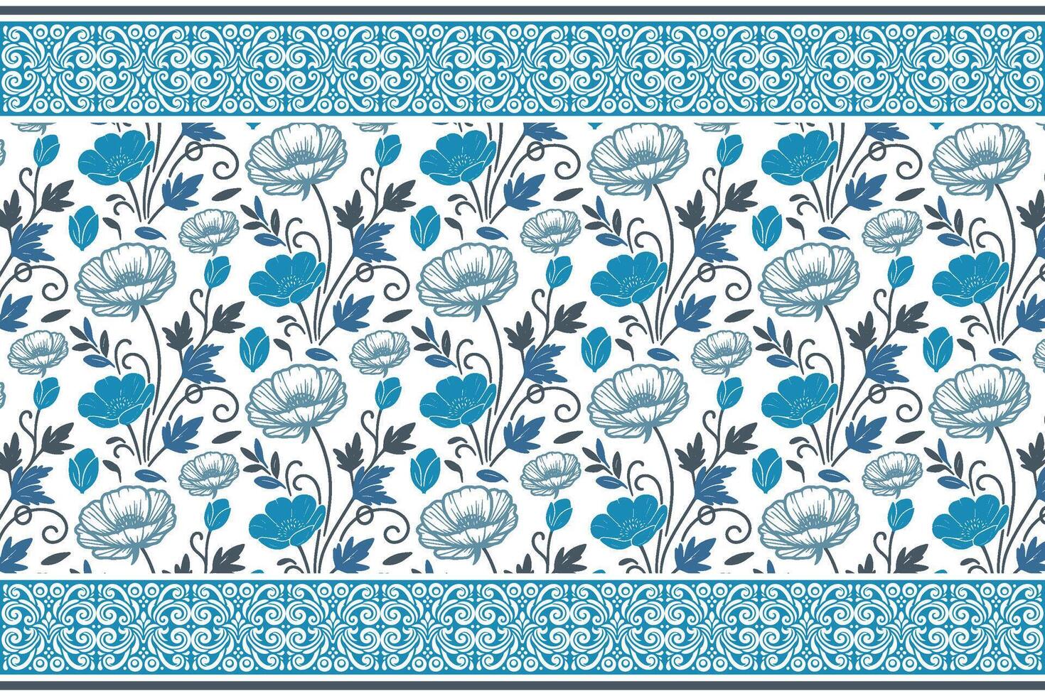 blue floral design with clean abstract lines of flowers and leaves arranged with precise border outlines vector
