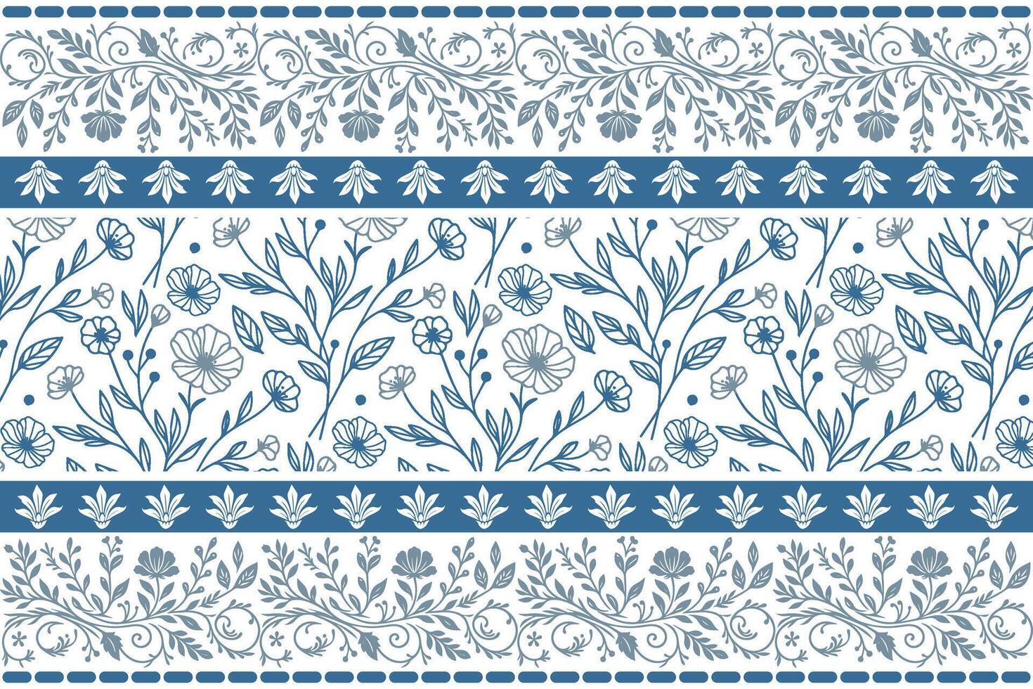 linear blue botanical pattern with soft floral sketches framed by structured ornamental borders for fabric printing vector
