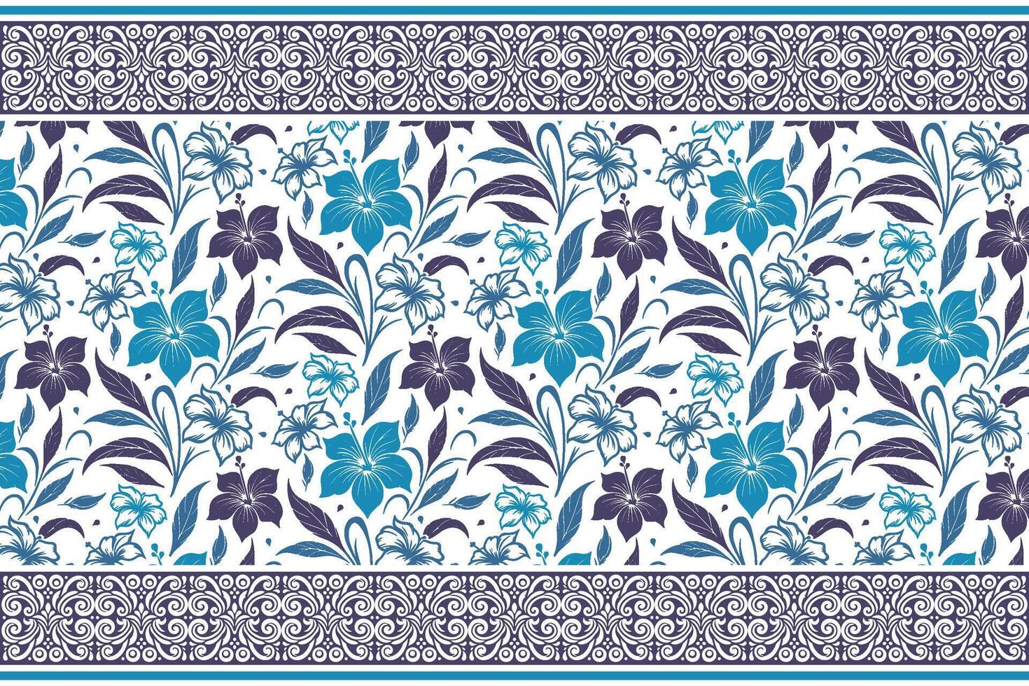 hand drawn floral sketch in clean blue lines with minimal leaf accents and elegant border details vector
