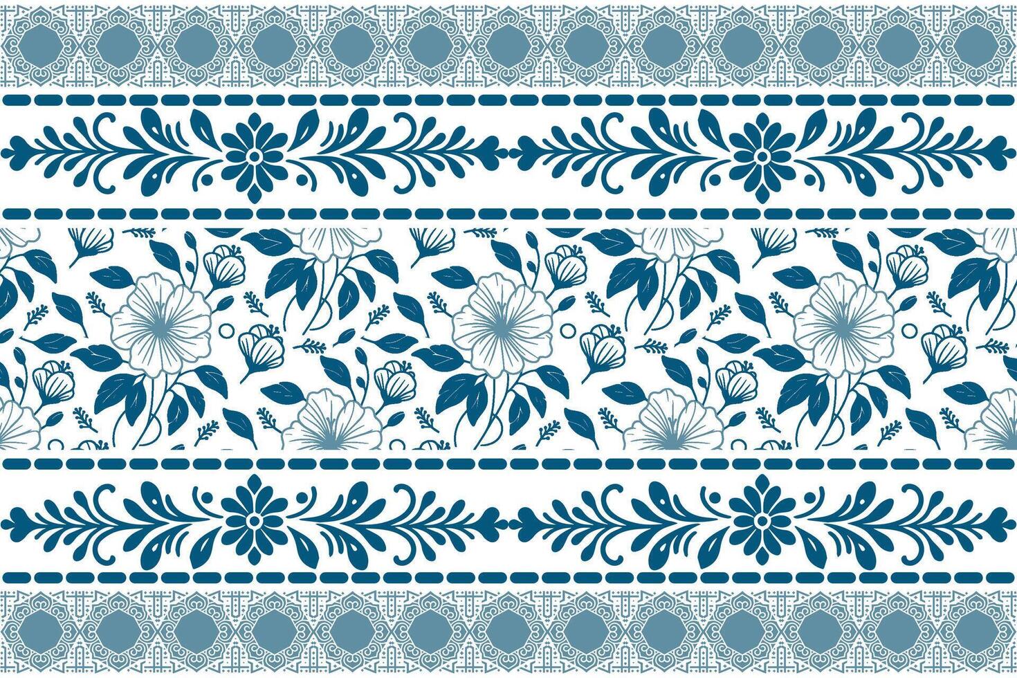 continuous line botanical drawing in blue with floral border framing perfect for fashion and interior fabric use vector
