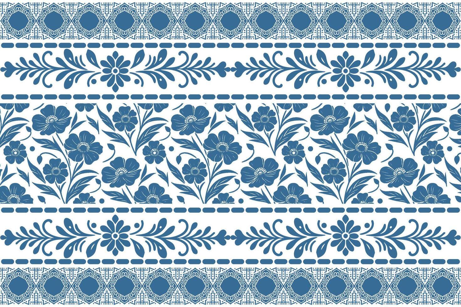stylized floral design in blue outline featuring delicate flowers enclosed in an embroidery inspired border frame vector