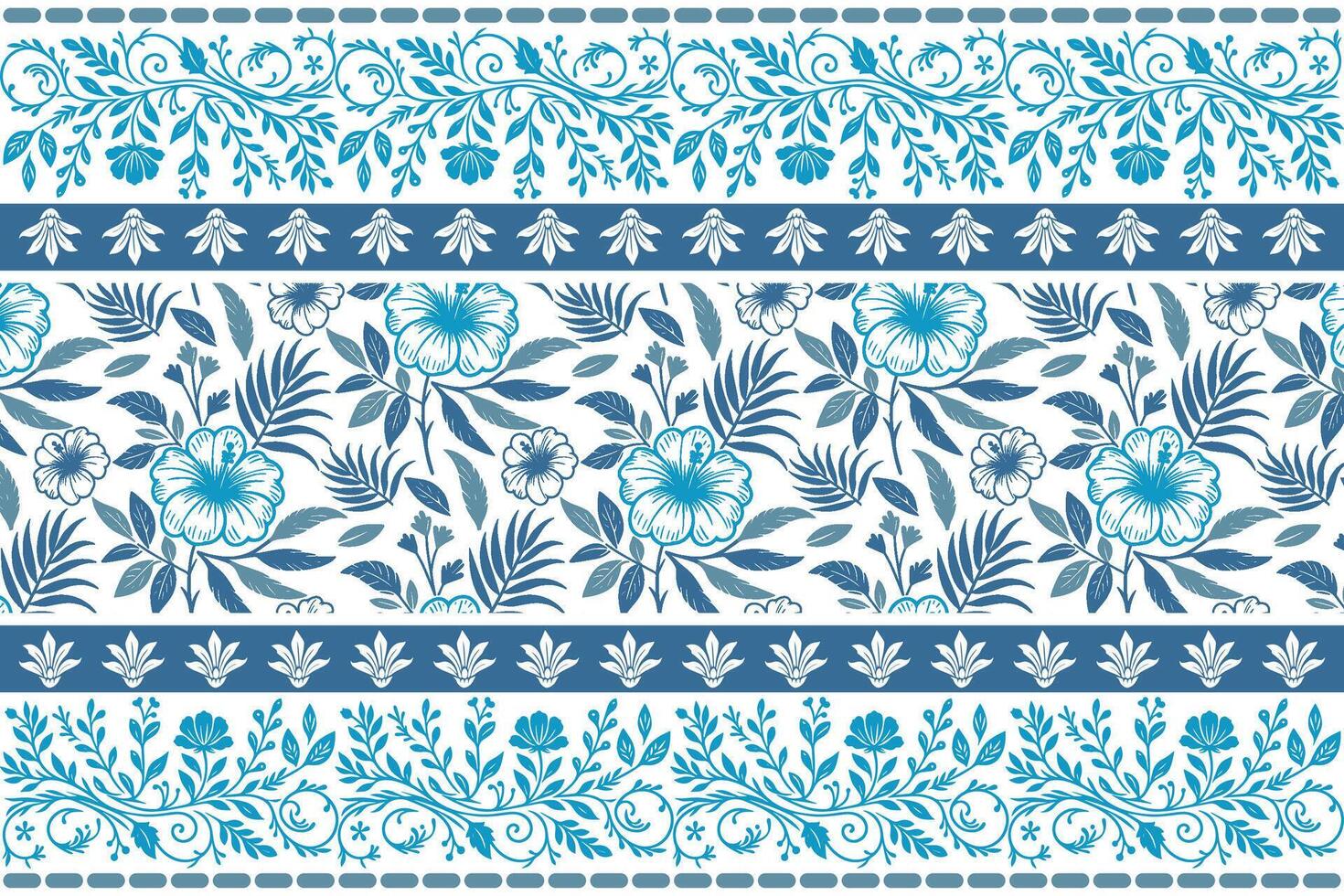 minimal floral pattern in clean blue lines featuring petals and stems arranged with classic border details vector