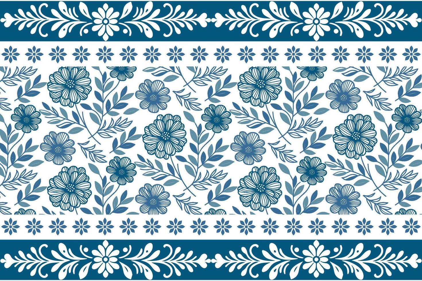blue floral design with simplified petal and leaf sketches structured inside an embroidery inspired border vector