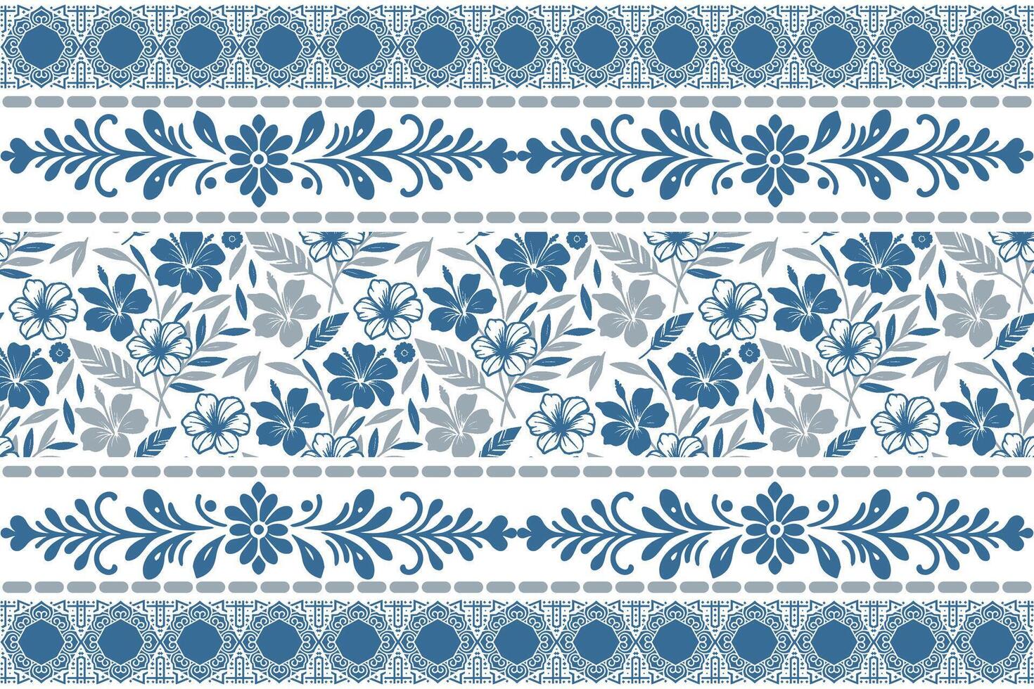 blue floral sketch with hand drawn petals and symmetrical border accents ideal for modern home fabric applications vector