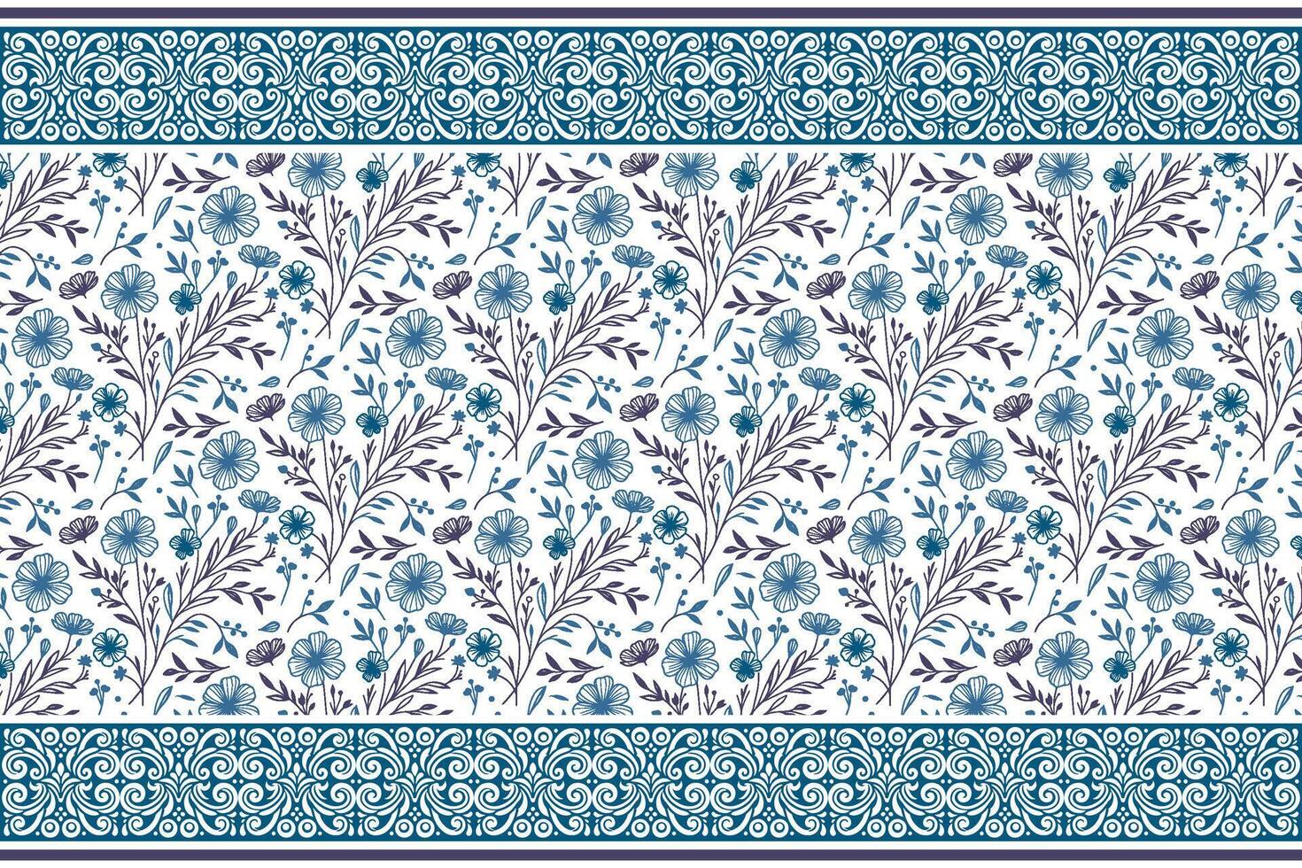 blue floral pattern featuring minimalistic petal sketches and organic stem forms framed in a detailed border layout vector