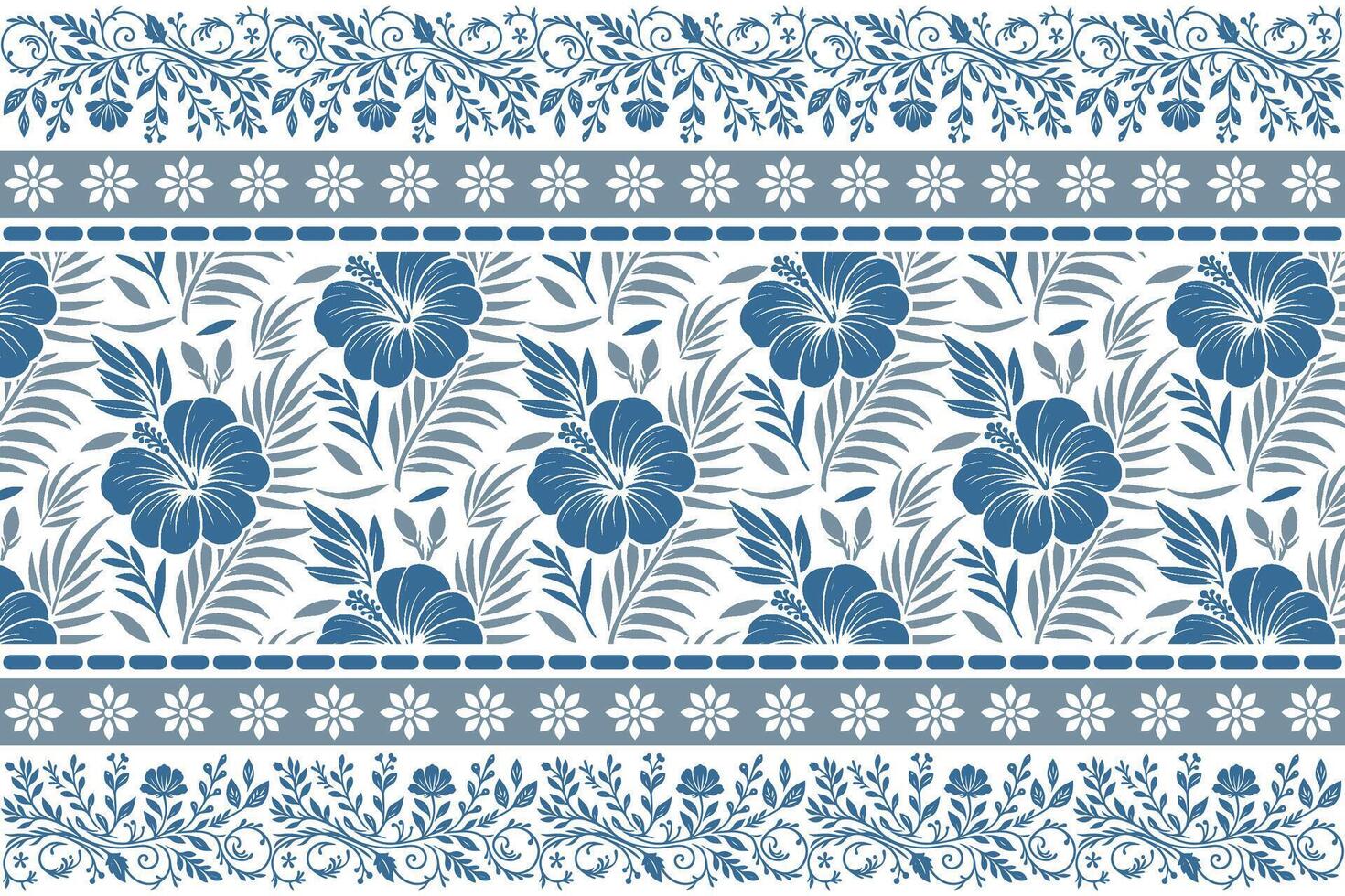 botanical floral line drawing with blue petals and natural leaf motifs enclosed in an elegant border design vector