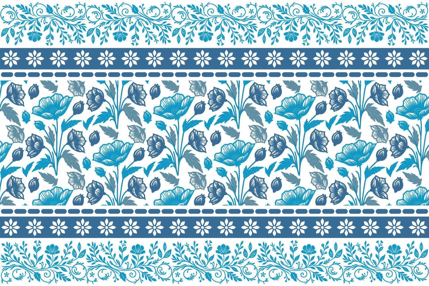 hand drawn blue floral elements in a single line style with graceful ornamental border suited for modern fabrics vector