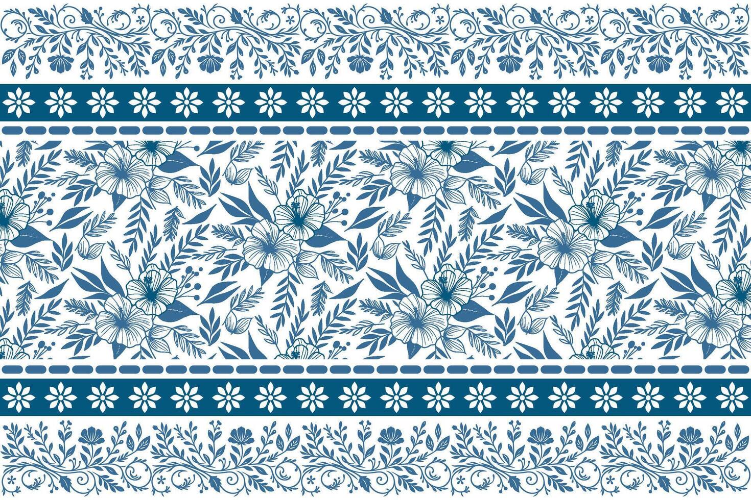 clean white canvas with modern floral elements in blue line art and structured floral border for bedding accessories vector