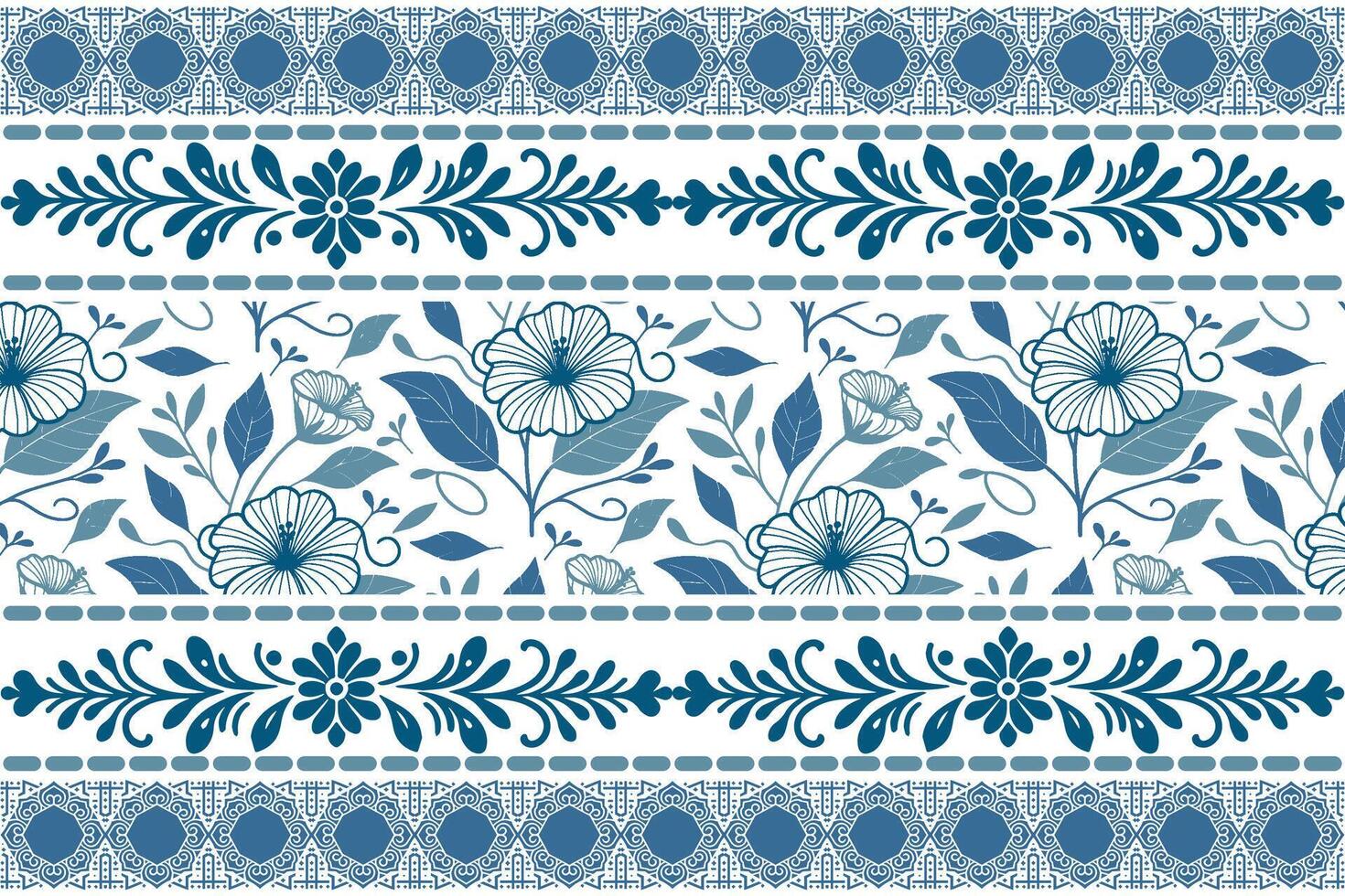 fashion inspired blue floral print with outlined petals and an ornamental edge border in clean line design vector