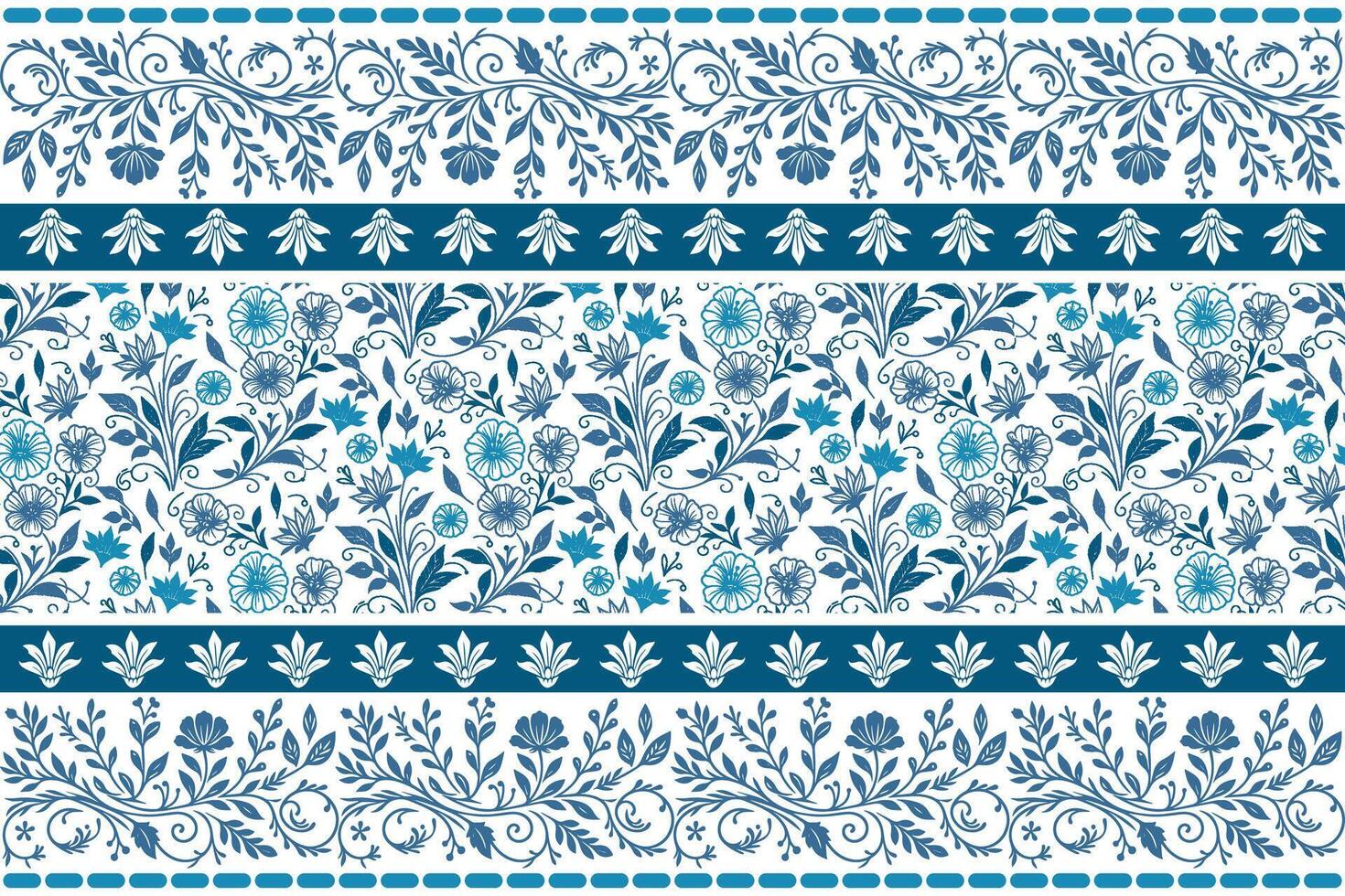 elegant blue flower sketches with outlined leaves and delicate border pattern ideal for bedsheet and pillow textiles vector