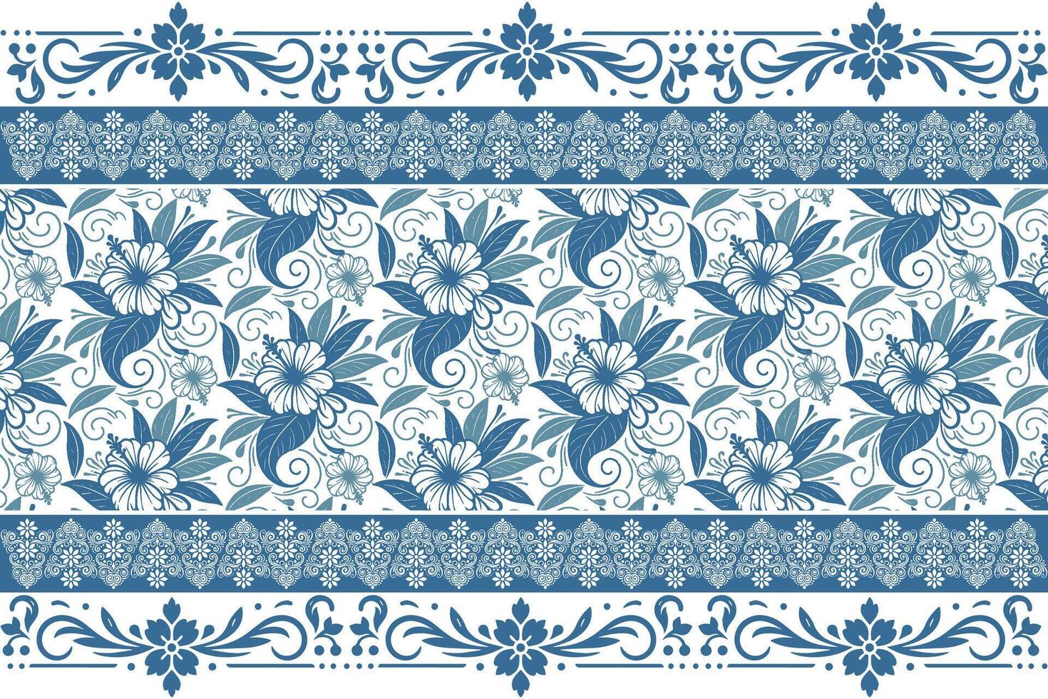 botanical illustration in clean blue ink with simple petal lines and a refined embroidery inspired border structure vector