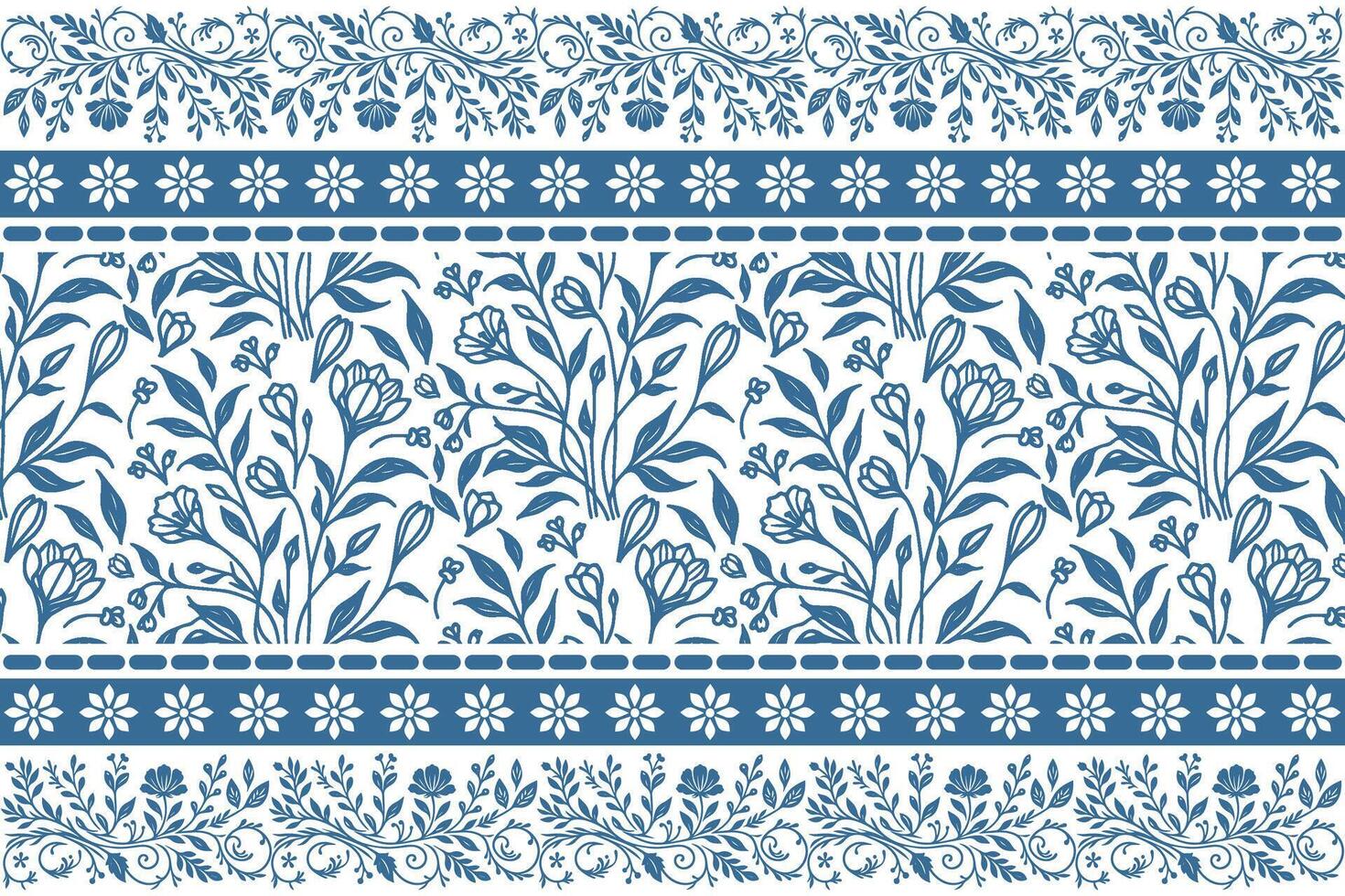 hand sketched botanical florals in blue line art with classic embroidery style border for modern textile patterns vector