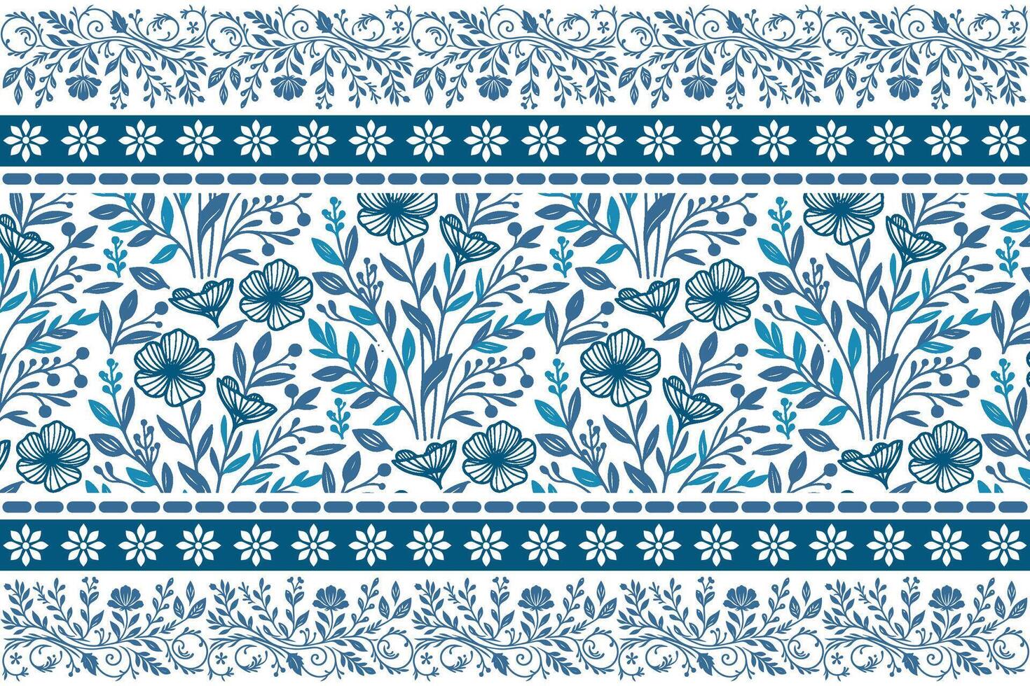 blue petal and leaf illustrations in clean line art surrounded by a simple yet elegant border frame vector