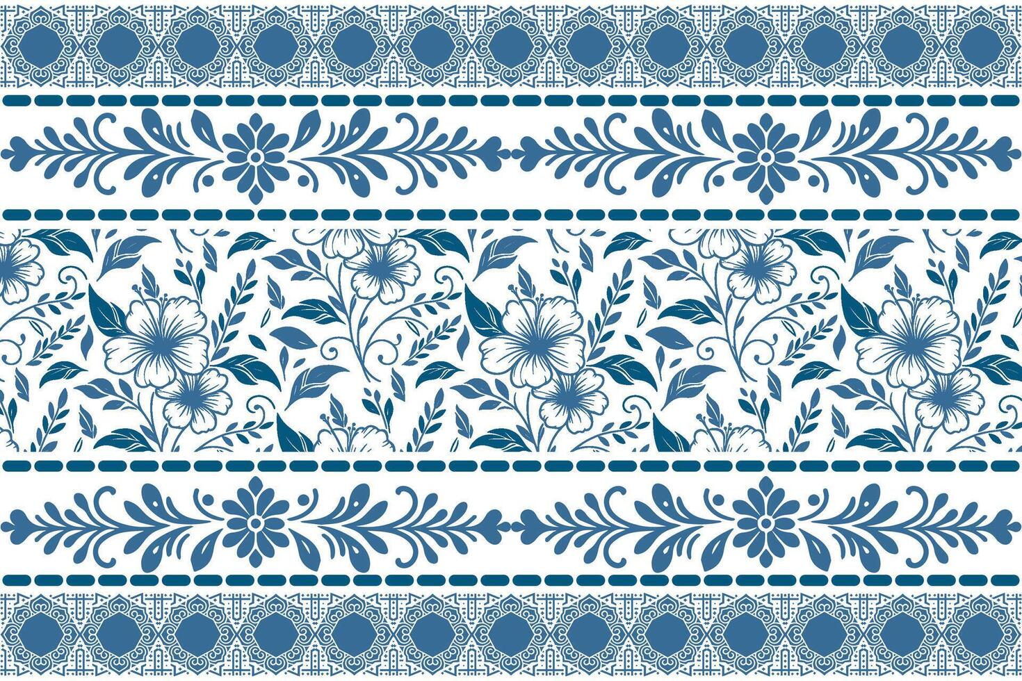 clean modern botanical pattern with blue outlined florals and thin border elements on a white background vector