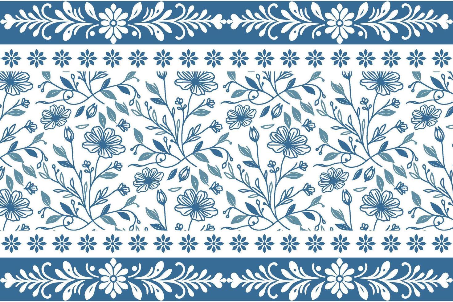 minimal blue line pattern of delicate florals framed by a modern border with stylized stems and leaves vector