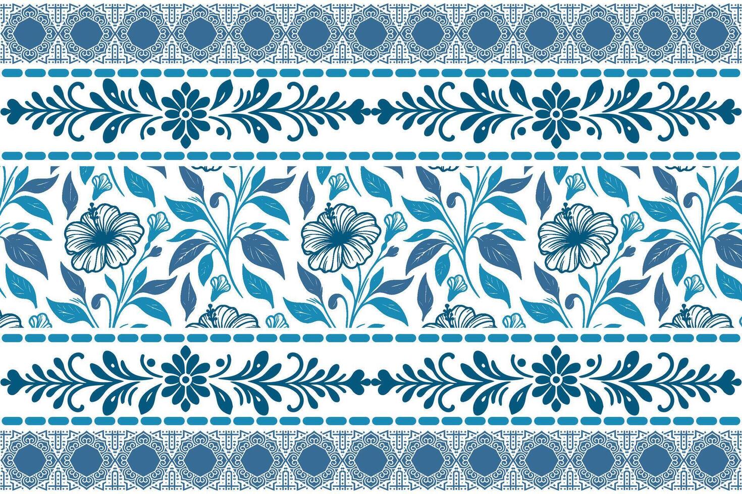 botanical pattern with blue line flowers and minimal border structure designed for kitchen and fashion textiles vector