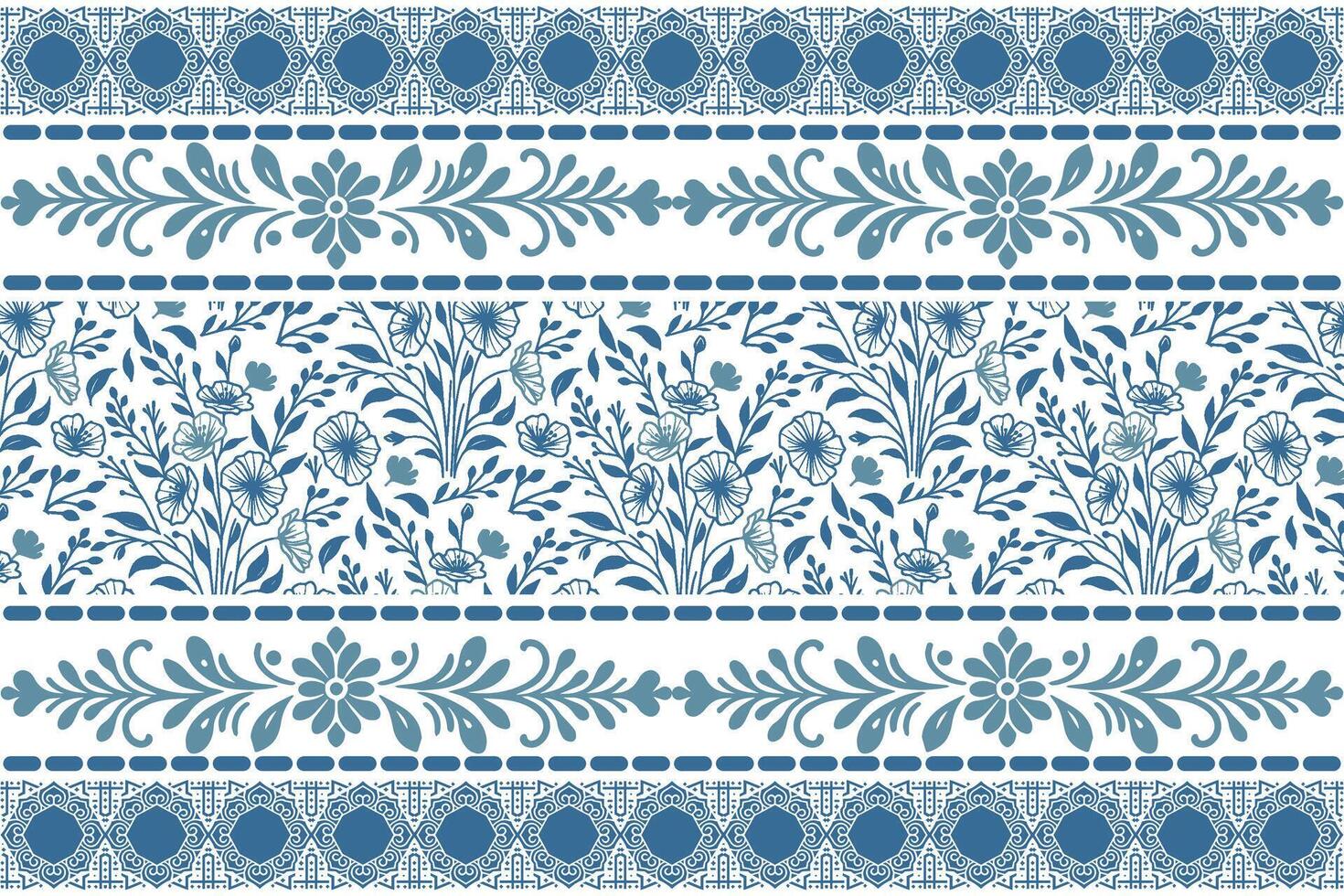 linear floral sketch featuring blue petals and outlined leaves in a structured embroidery-inspired border frame vector