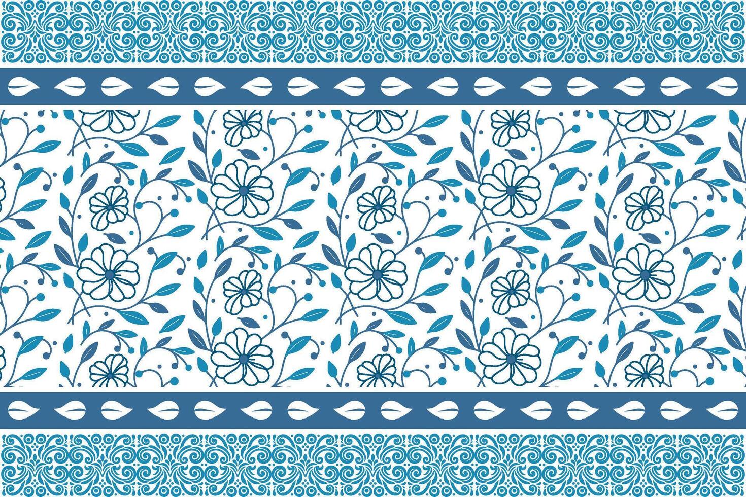 modern blue floral layout with clean petal shapes and organic leaf details framed by a stitched effect border structure vector