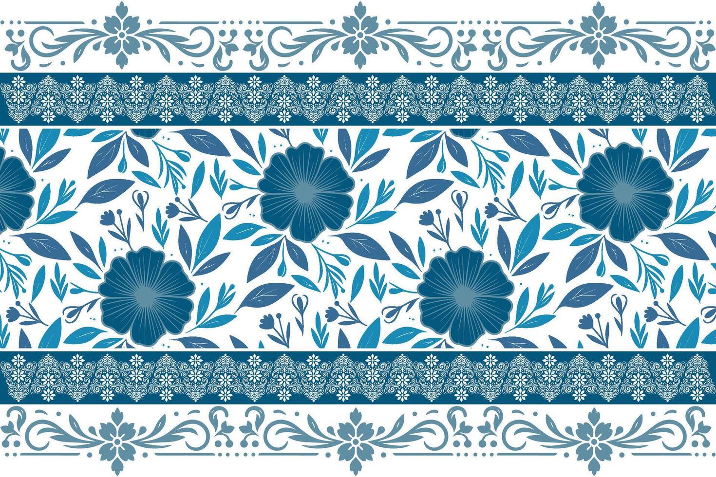 simple blue flower and foliage design with soft hand drawn outlines and subtle border detailing for textile use vector
