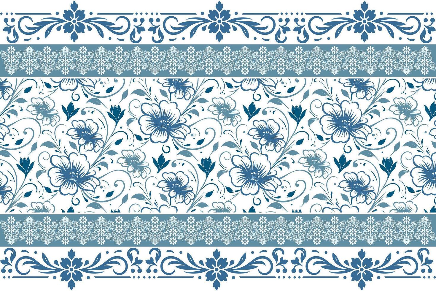 elegant border floral design with abstract blue line petals and leaf elements arranged in a continuous pattern vector