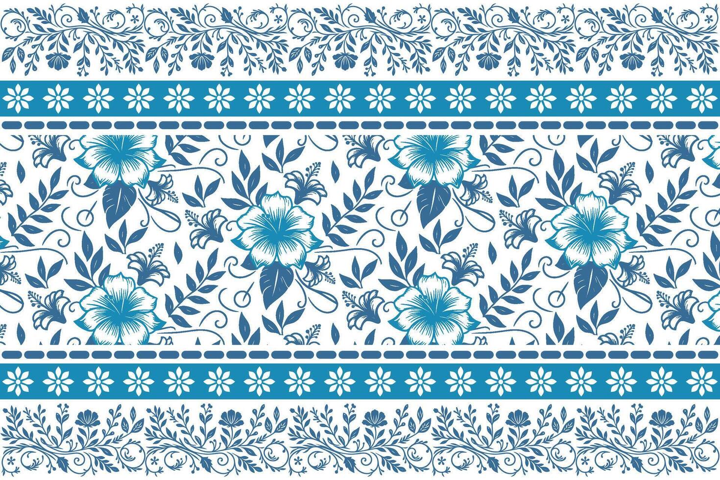 blue flower and leaf composition in fine line art with elegant ornamental border for fabric and fashion design vector