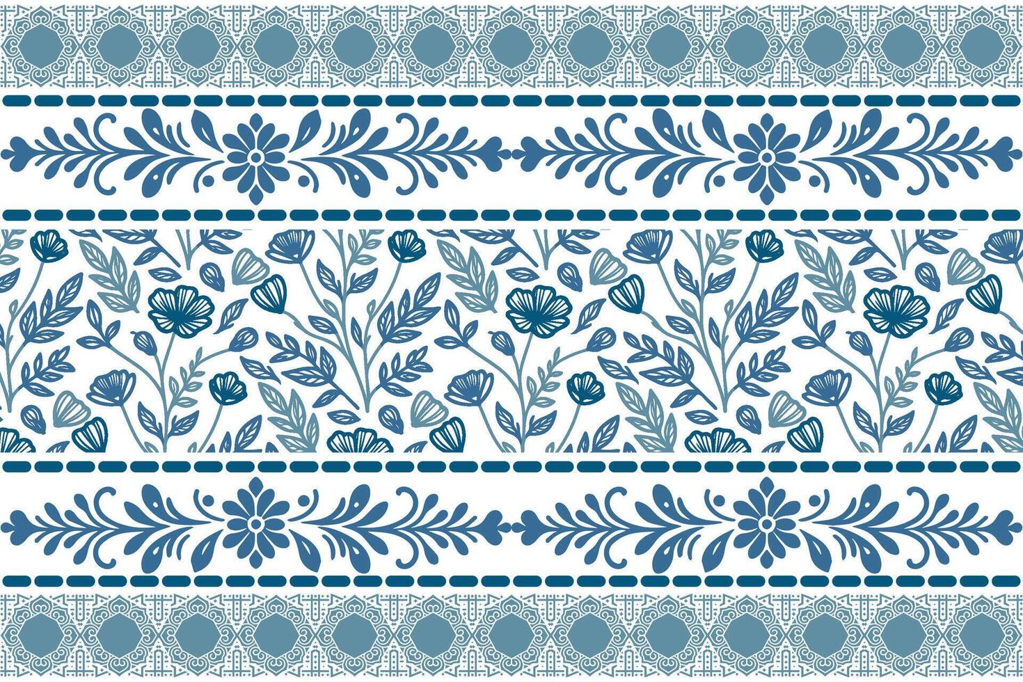 detailed sketch floral design in blue line with clean leaf outlines and decorative embroidery border finish vector