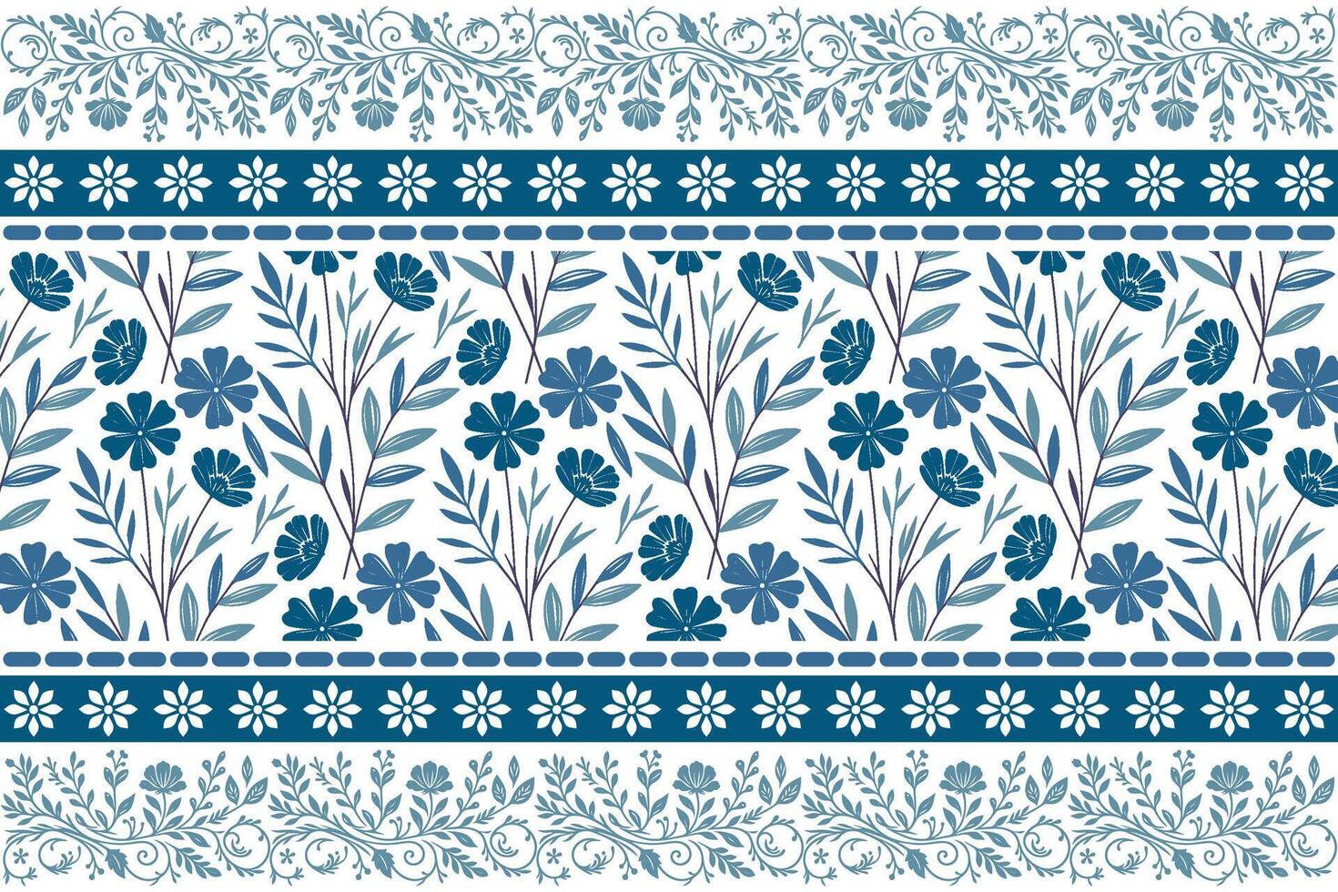 hand drawn line art of blue petals and slender leaves with a continuous ornamental border on a bright white canvas vector