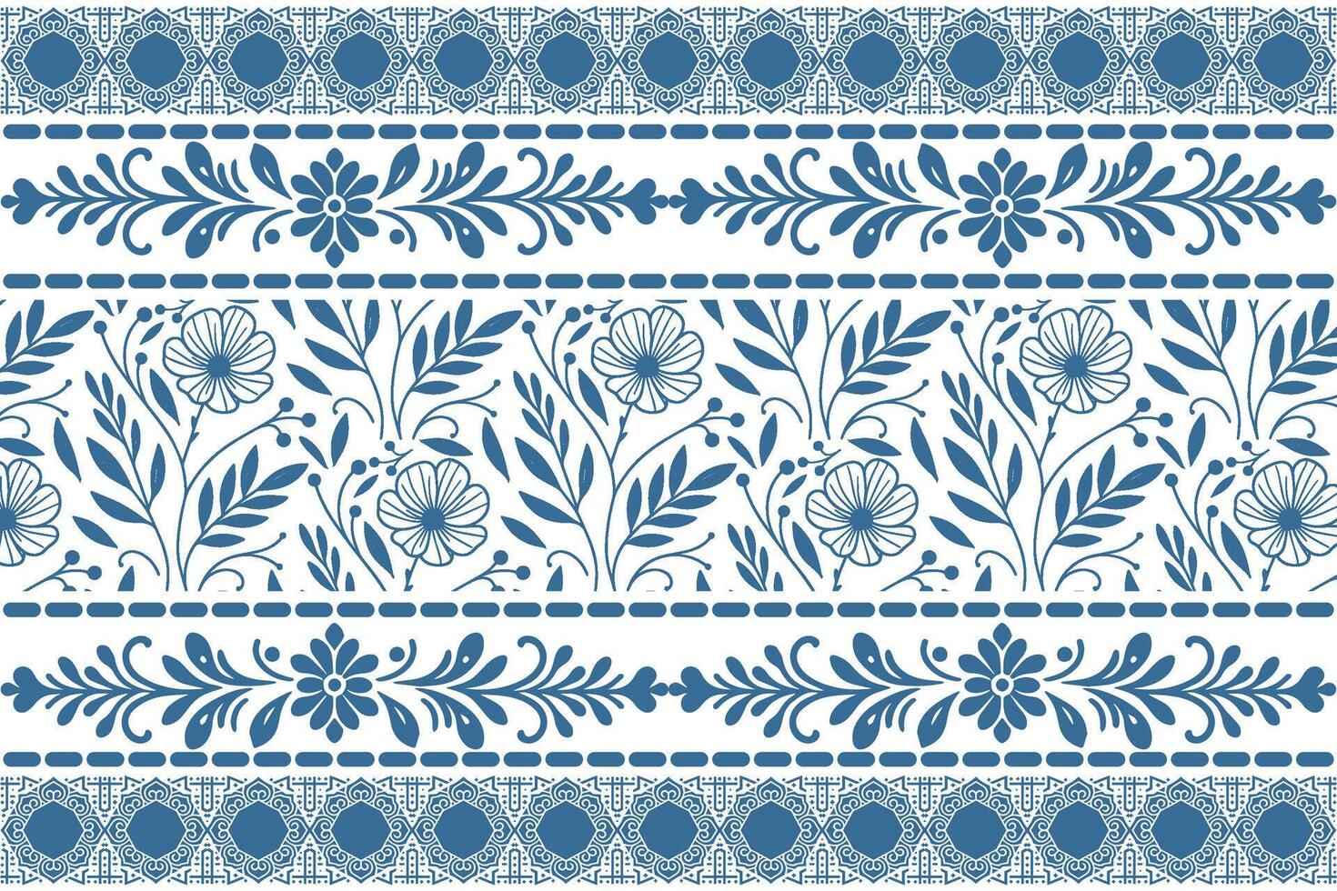 minimal and modern blue floral pattern with thin line flowers and botanical border crafted for fabric and wallpaper use vector