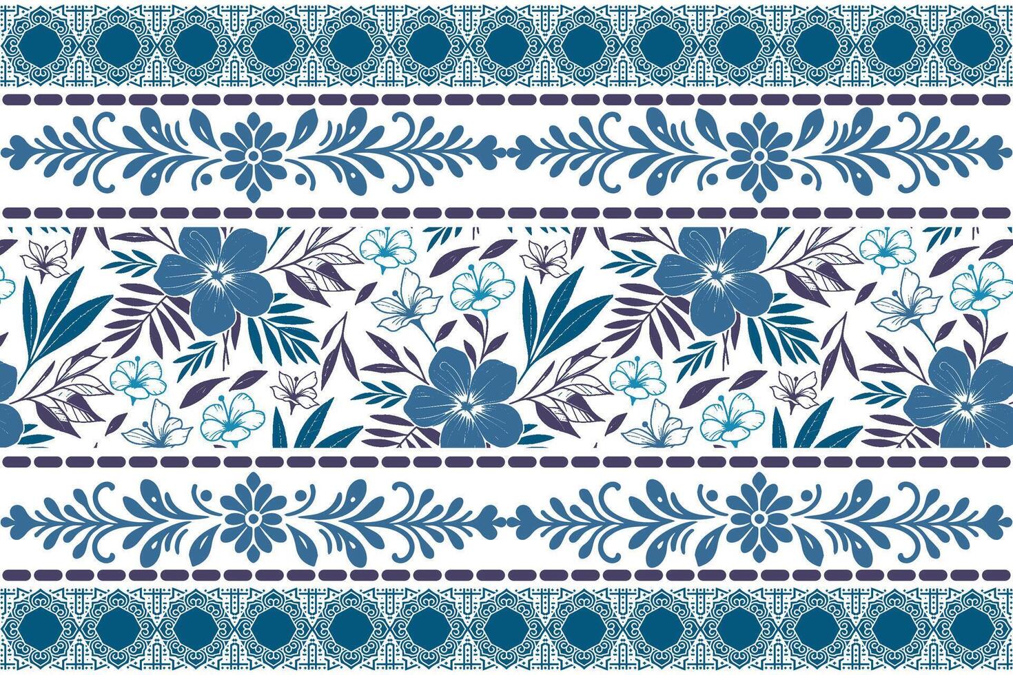 hand drawn botanical line flowers in blue with clean symmetrical border details for pillow and bedding textiles vector